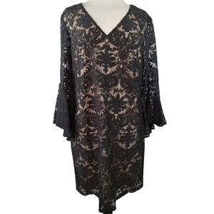 MSK Dress Women 12 Black Lacey Bell Sleeves Bewitched Witchy‎ Whimsigoth V-Neck